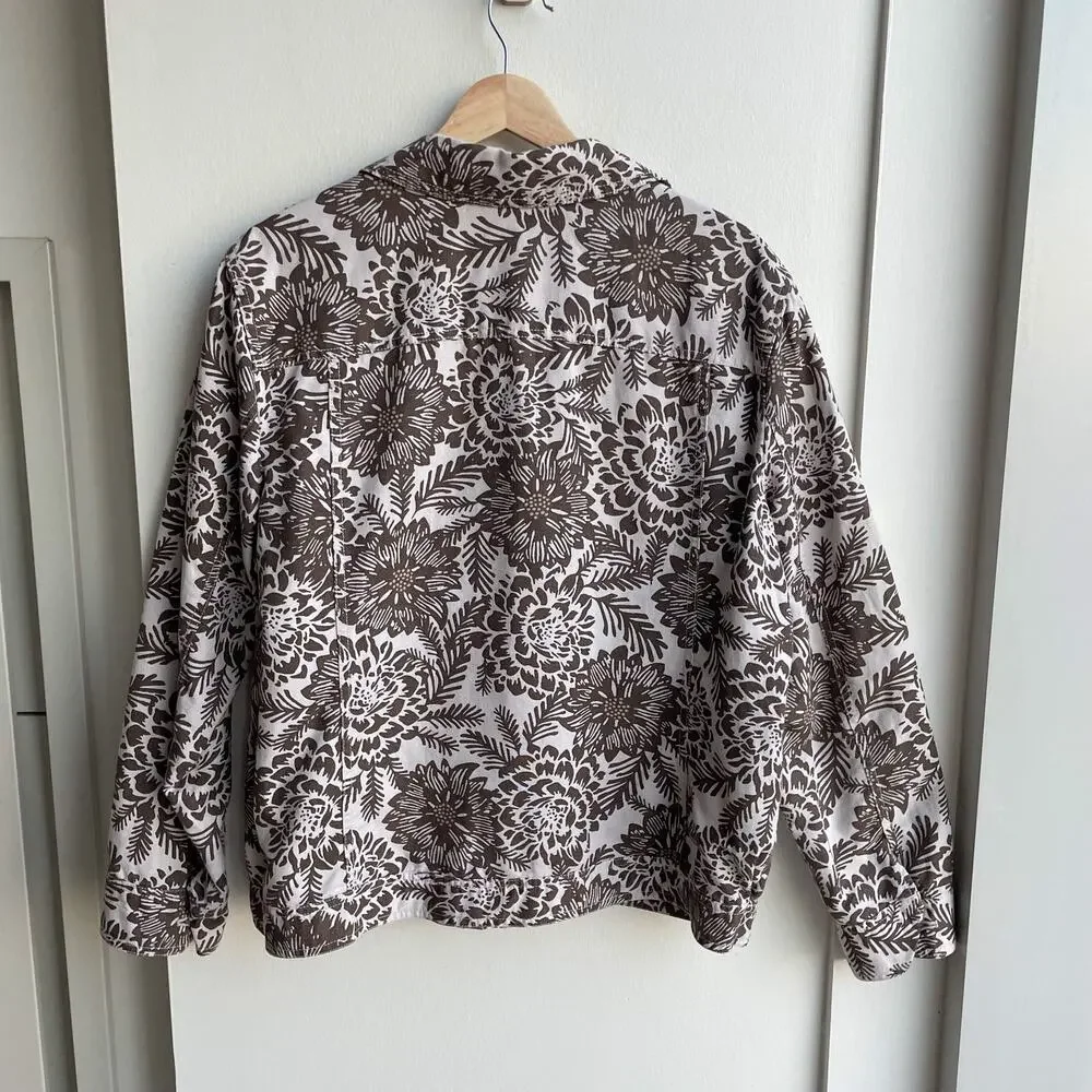 Brown Floral Linen Blend Lightweight Jacket Size XL Neutral Cottagecore Shacket